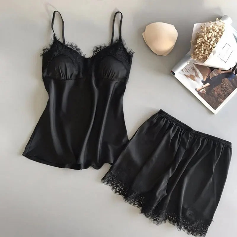 Women Pajama Suit Fashion V-Neck Lace Sexy Lingerie Pyjamas Sleep Shorts Set Sleepwear New Beauty World Shop