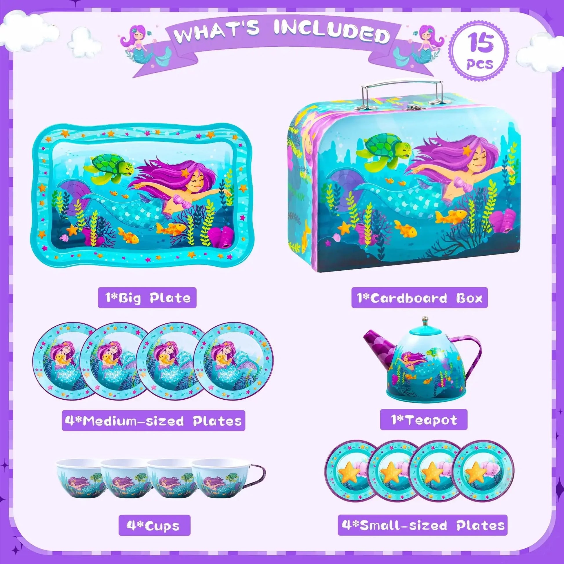 Joyfy Kid Tea Set Mermaid Tea Party Set Princess Pretend Play Tin Teapot Set Kitchen Toy for Girls Toddlers 2 3 4 5 6 Years Old Beauty World Shop