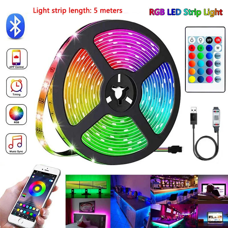 Bluetooth USB 5V RGB LED Strip Light 5050 Controller 5M Flexible Diode Lamp Tape Lights TV Background Lighting Desk Room Decor Beauty Fashion