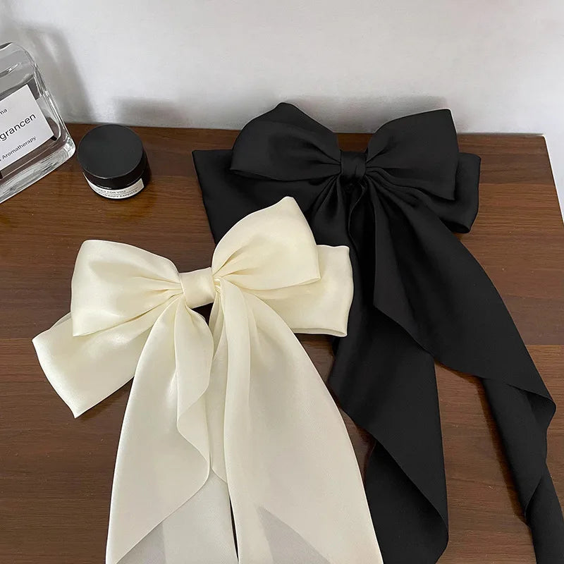 Korean Accessories Hair Clips for Women Girls Big Bowknot Solid Satin Long Ribbon Bows Spring Clamp Barette Cheveux Femme 2023 Beauty World Shop