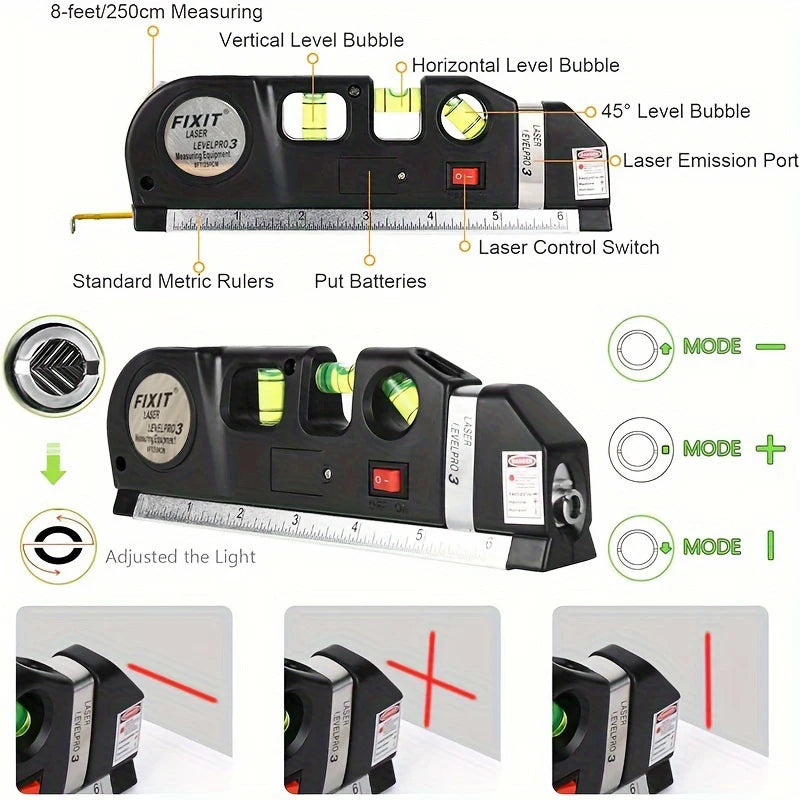 HOMEFISH Easy to Use Laser Level Line Tool Multipurpose Laser Level Kit Standard Cross Line Lase 8 Feet Measure Tape Ruler Beauty World Shop