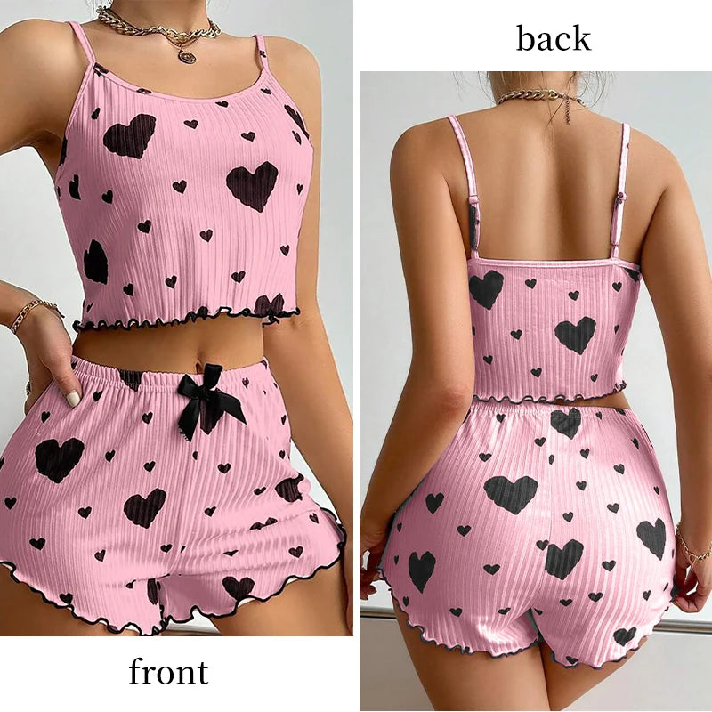 Women's Pajamas Set Sleepwear 2 PCS Short Tank Tops And Shorts S M L White Ventilate Soft Casual Love Printing Beauty World Shop