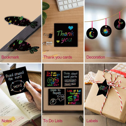 100pcs Scratch Paper Art Set Scratch Off Rainbow Magic Paper with 2 Bamboo Stylus Black Scratch Notes Xmas Birthday Gift Card Beauty World Shop