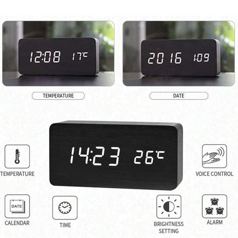 Wooden Digital Alarm Clock, LED Alarm Clock with Temperature Desk Clocks for Office,Bedside Clock Beauty World Shop