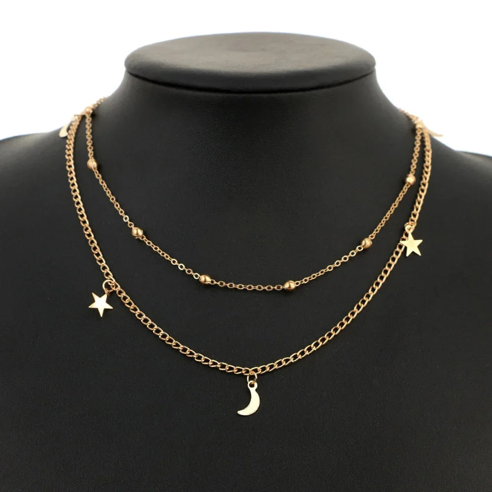 2025 New Fashion 2 Layer Star Moon Clavicle Chain Choker Necklace For Women Girl Party Jewelry Birthday Gifts Beauty World Shop
