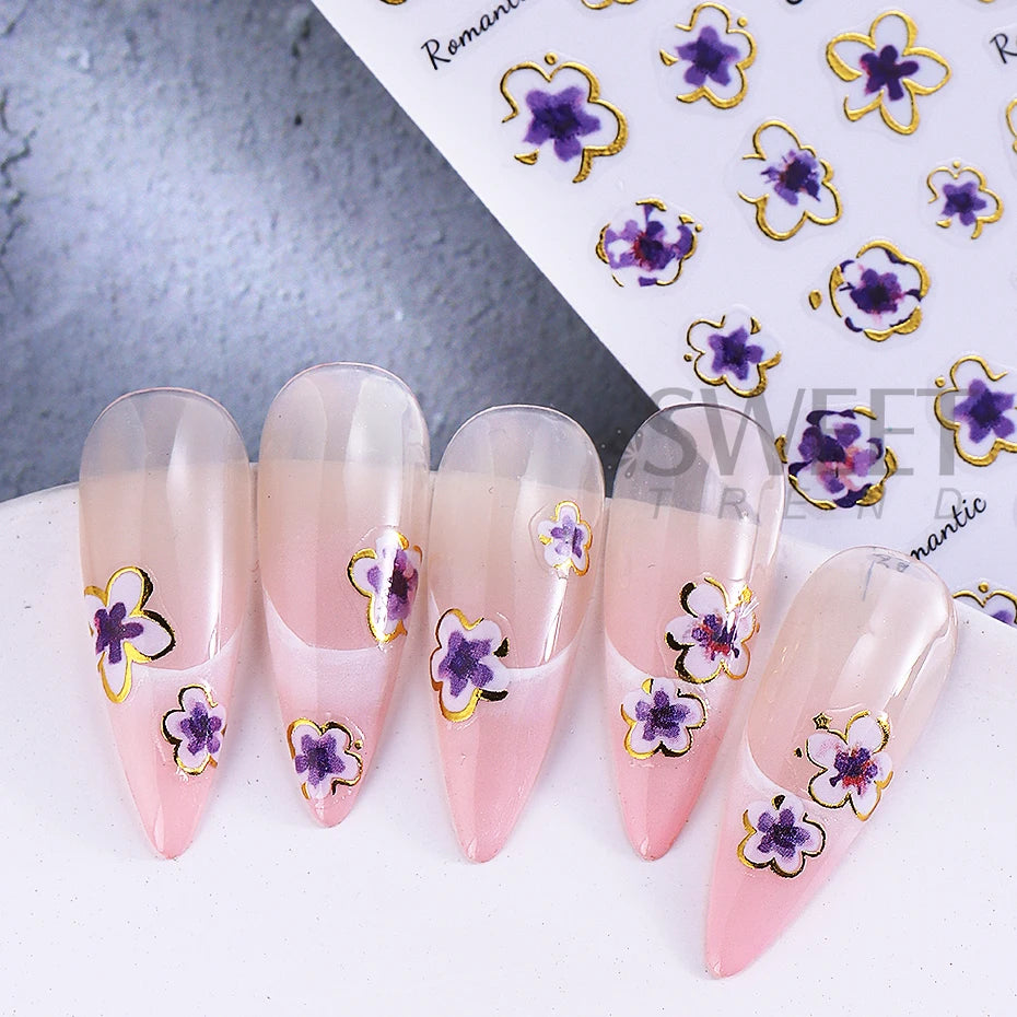 2/3pcs Golden Pink Hibiscus Flower Nail Stickers 3D Bronzing Border Petals Sakura Line Sliders Nail Decals DIY Manicure Decor Beauty World Shop