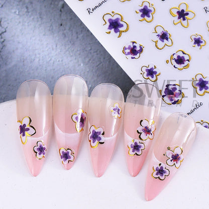 2/3pcs Golden Pink Hibiscus Flower Nail Stickers 3D Bronzing Border Petals Sakura Line Sliders Nail Decals DIY Manicure Decor Beauty World Shop