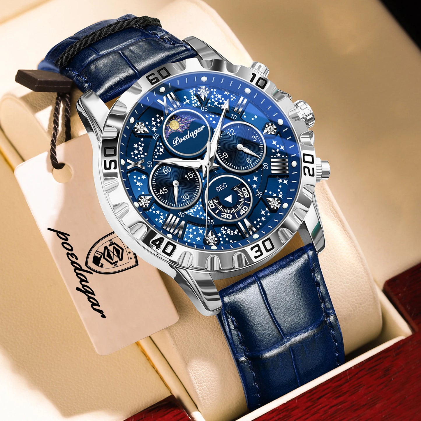 POEDAGAR Top Functional Luxury Man Wristwatch Waterproof Luminous Chronograph Leather Sports Watches For Men Quartz Men's Watch Beauty World Shop