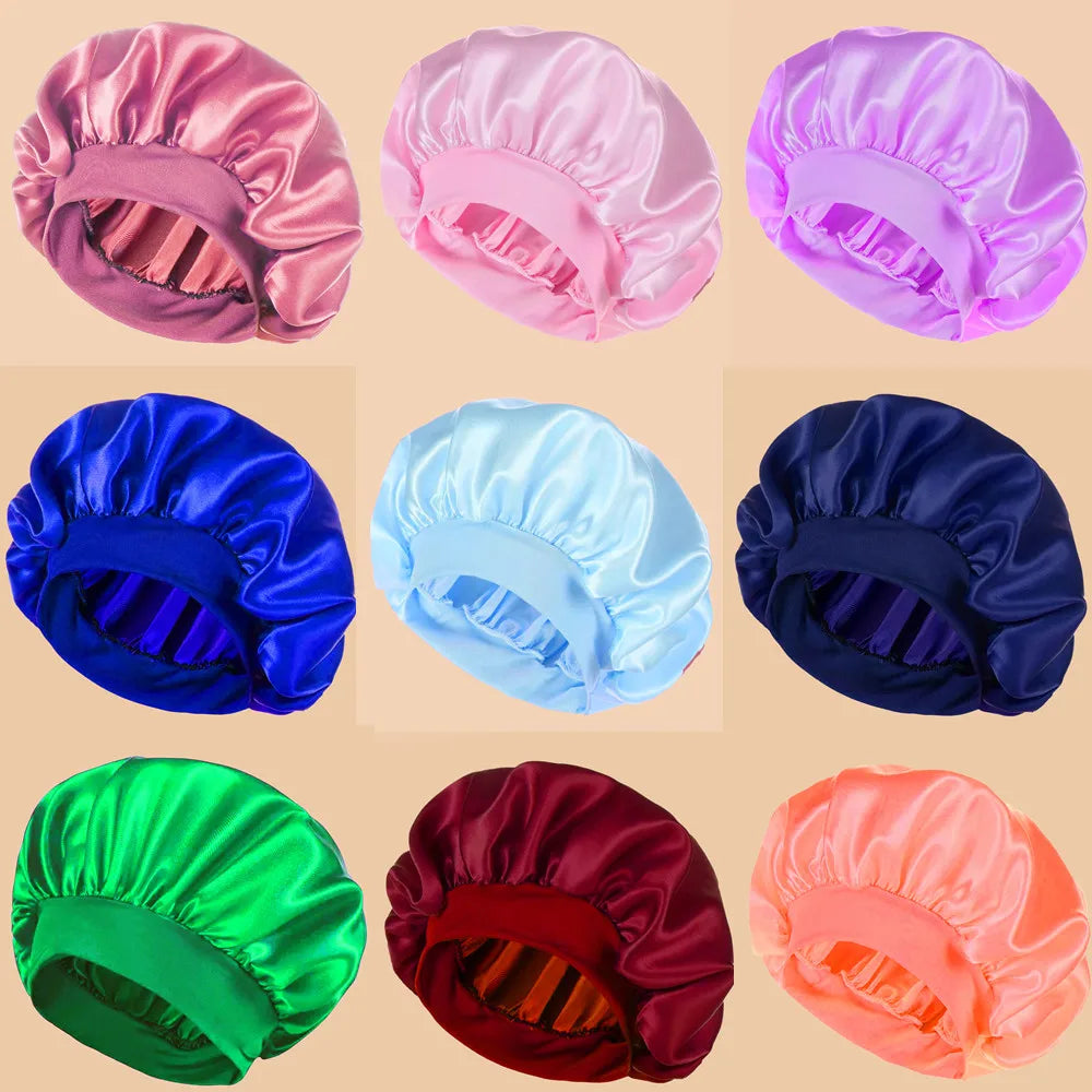 1pc Women's Solid Color Satin Wide-Brimmed Shower Cap, Suitable For Daily Use Silk Bonnet Satin Bonnet Beauty World Shop