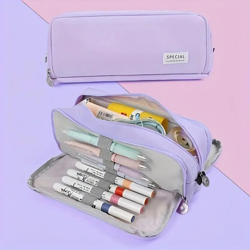 Pencil Case Large Space Storage 3 Compartment Pouch Double Side Opened Student Stationery Desk Organizer School Supplies Beauty World Shop