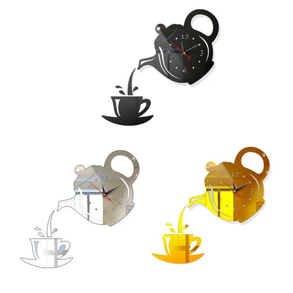 3D DIY Teapot Shape Wall Clock Acrylic Mirror Clock Modern Kitchen Home Decor Wall Sticker Hollow Digital Clock watch home clock Beauty World Shop