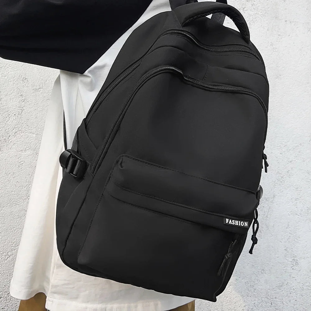 Large Capacity Solid Color Student Backpack Junior and High School Simple Black Travel Backpack Beauty World Shop