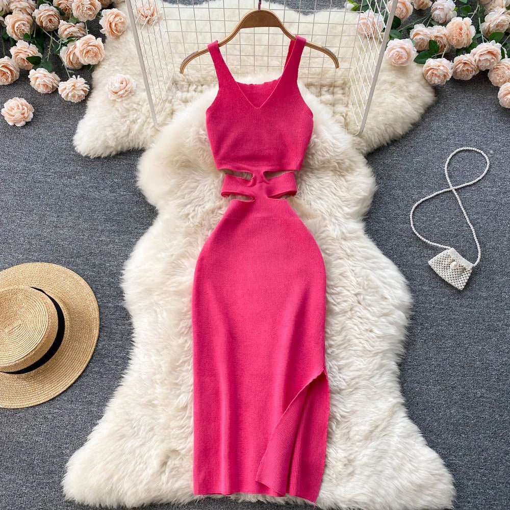 YuooMuoo Women Dress Sexy Cut Out Waist Package Hips Split Bodycon Dress Summer Fashion Lady Knitted Party Vestidos Sundress Beauty World Shop