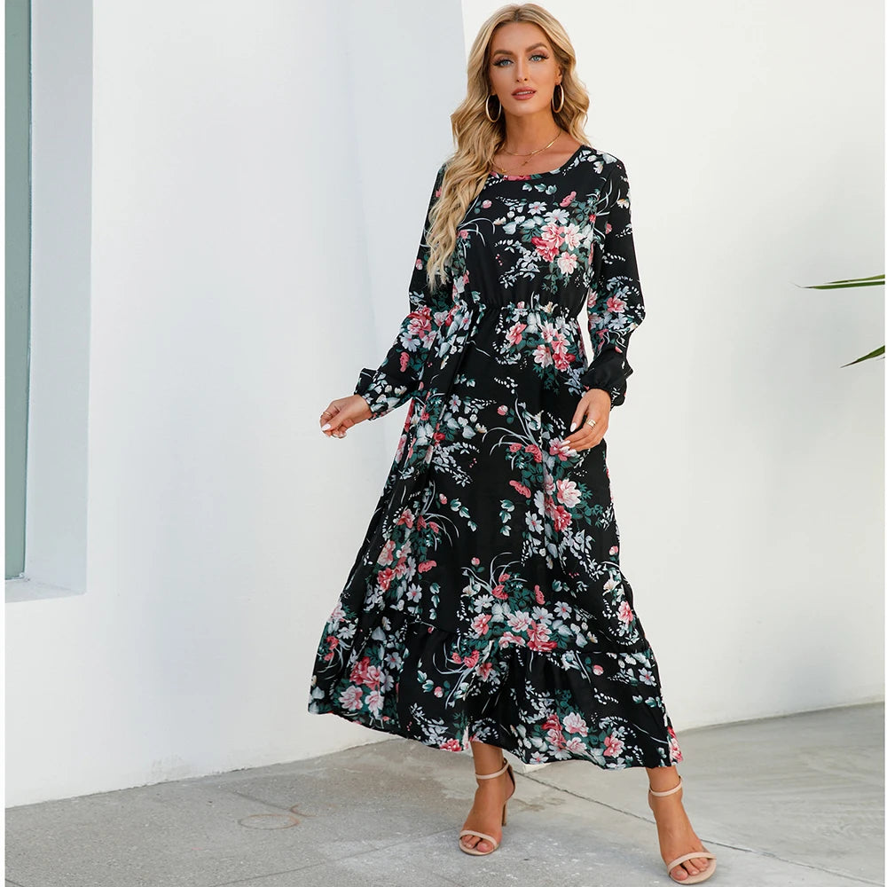2023 Sping Summer Bohemian Women Maxi Dress Casual Long Sleeve High Waist Beach Woman Chiffon Dresses Floral Vestidoes Mujer New Beauty World Shop