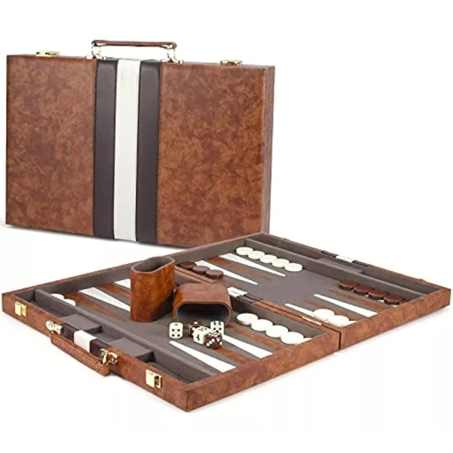 38cm Backgammon Set Classic Folding Board with Leather Case, Portable Travel Game, Ideal Gift Package for Strategy Lovers Beauty World Shop