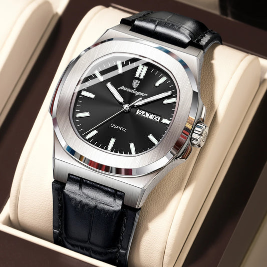 POEDAGAR Square Wristwatch For Men Luminous Waterproof Week Calendar Luxury Man Clock Leather Quartz Fashion Men's Watches Reloj Beauty World Shop