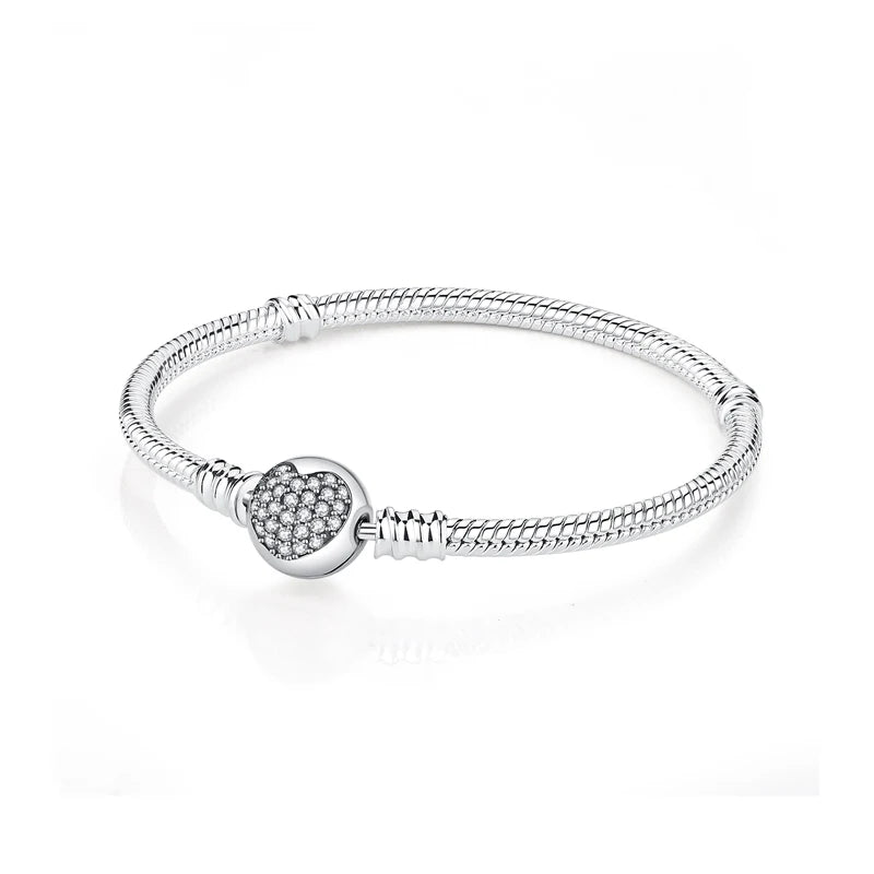 Original 925 Sterling Silver Bracelets Bangles Love Heart Clip Charms Beads Snake Chains For Women Rose Gold DIY Luxury Jewelry Beauty World Shop