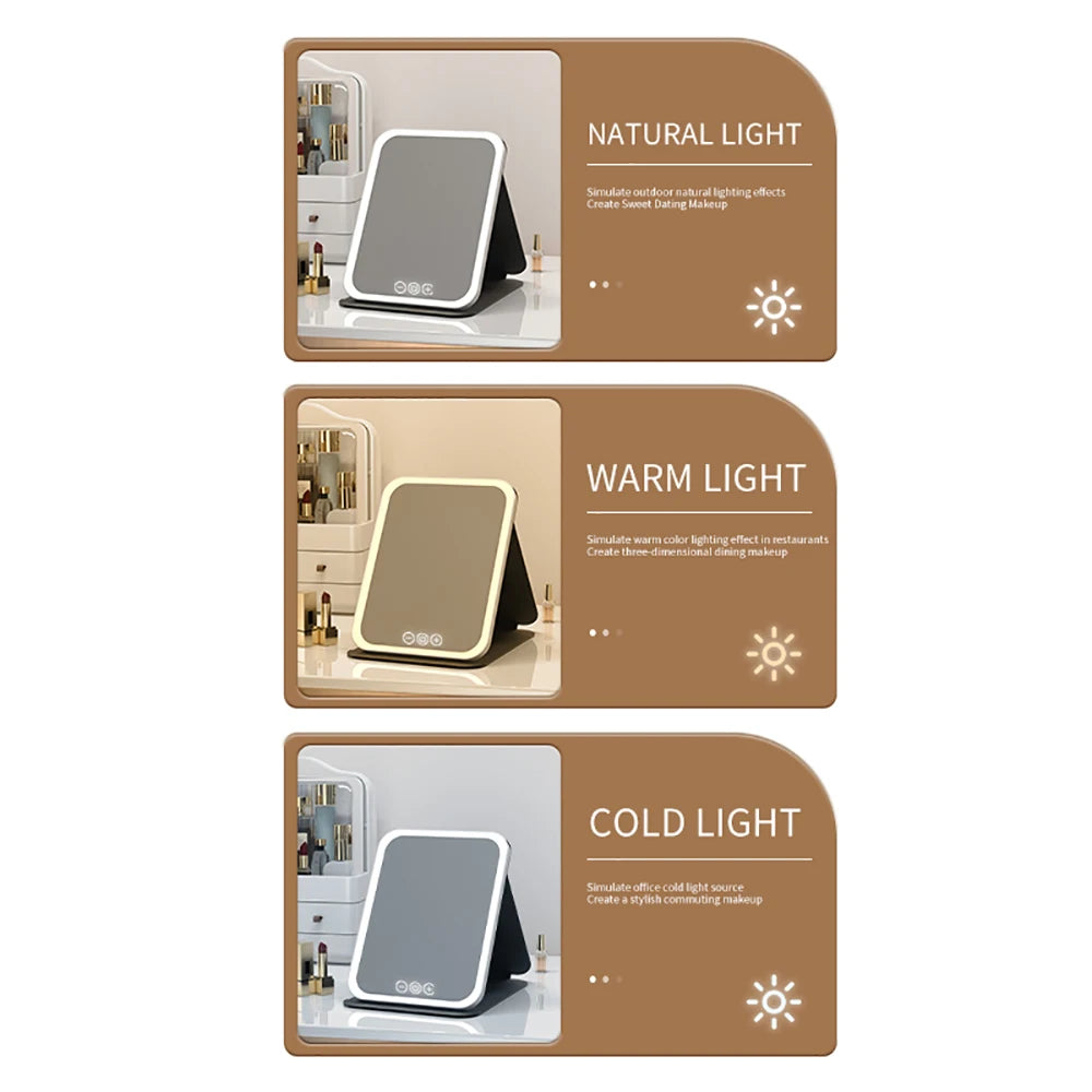 3 Colors Dimmable LED Makeup Mirror with Touch Screen Fold Cosmetic Makeup Mirror Rechargeable Tabletop for Travel & Home Use Beauty World Shop