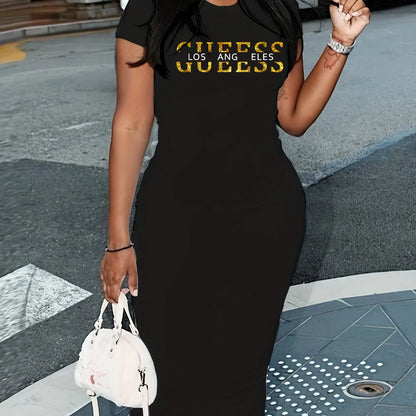 Ladies' summer GUEESS Los Angeles letter pattern printed round neck short sleeved casual slim fit sexy fashion dress Beauty World Shop