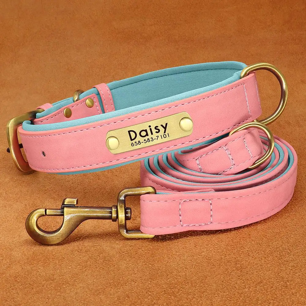 Customized Leather Dog Collar Leash Set Soft Padded Leather Collar For Small Medium Large Dogs With Free Engraved Nameplate Beauty World Shop