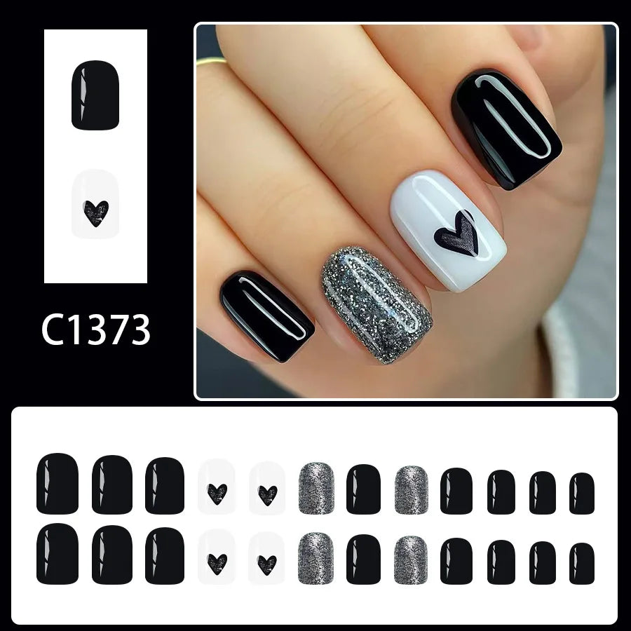 Short Square Glossy Press On Nails 24Pcs Sweet Black Heart Glitter Ins Style For Women Beauty World Shop