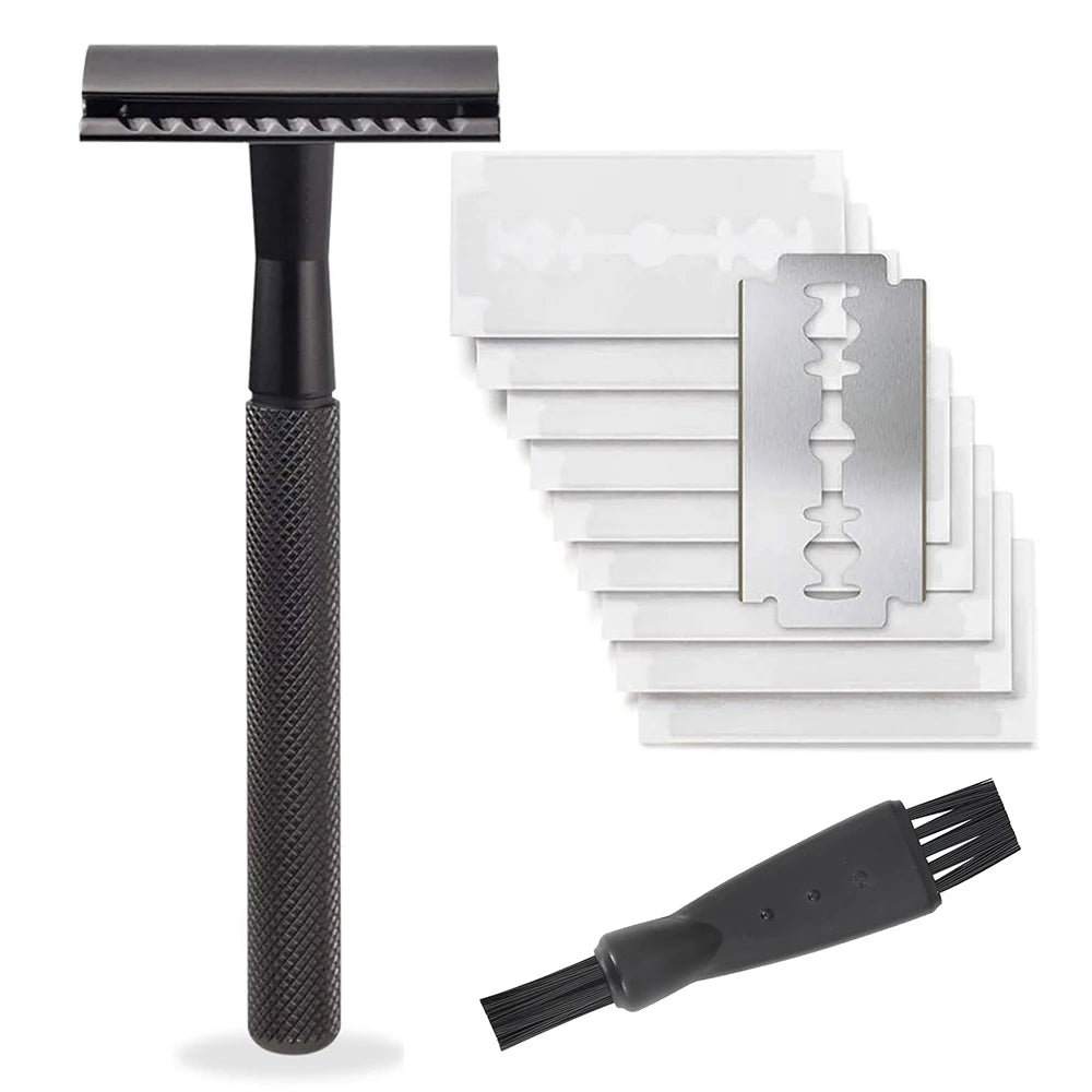 Safety Razor with Brass Weighted Handle and 5 Double Edge Safety Blade Refills,Single Blade Razor for Men, Designed for Coarse Beauty World Shop