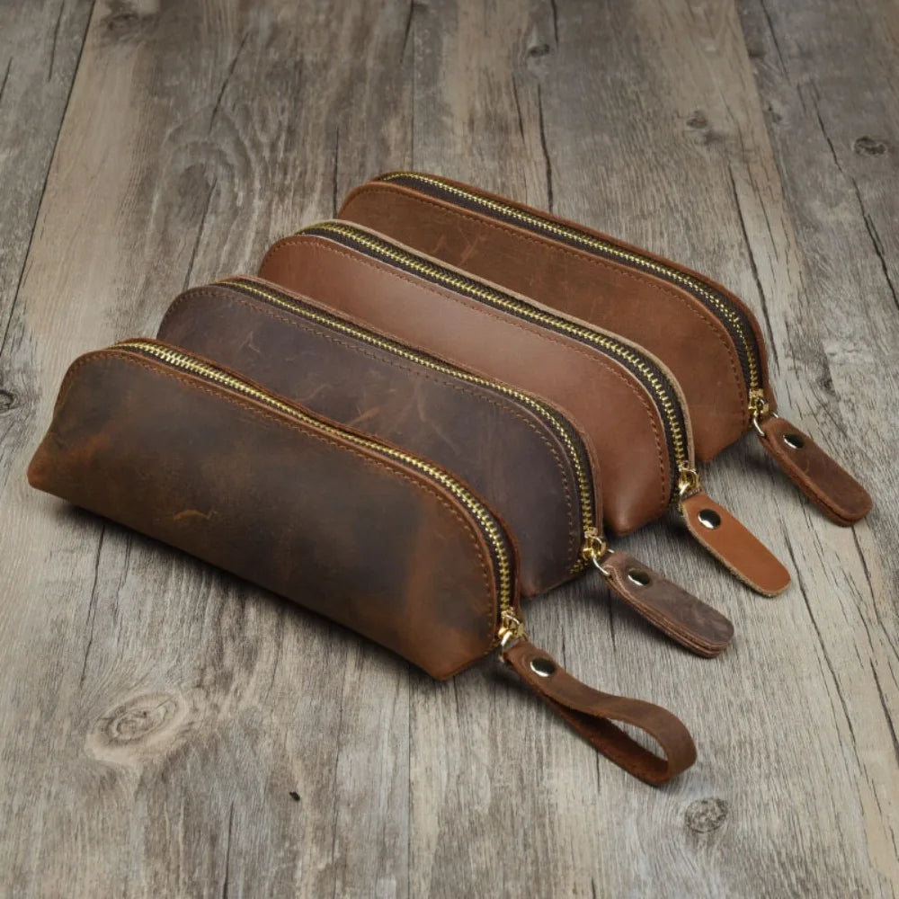 Vintage Leather Pencil Bag Simple Stationery Hoder Pen Case Storage Bag Zipper Pencil Pouch Glasses Box School Supplies Beauty World Shop