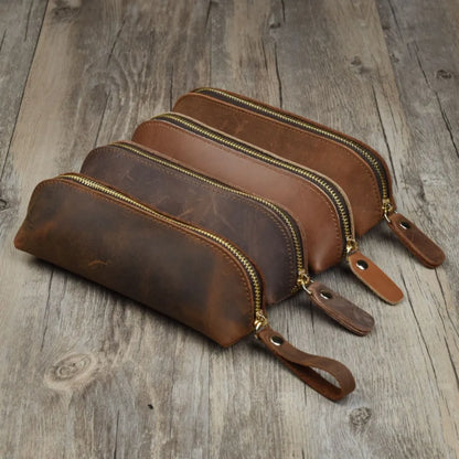 Vintage Leather Pencil Bag Simple Stationery Hoder Pen Case Storage Bag Zipper Pencil Pouch Glasses Box School Supplies Beauty World Shop