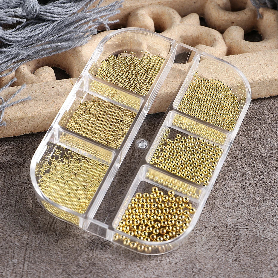 6 Grid Gold Mixed Size Stainless Steel Metal Bead Nail Art Decoration 3D Mini Small Caviar Ball Sliver Charm Pearl Manicure Beauty World Shop