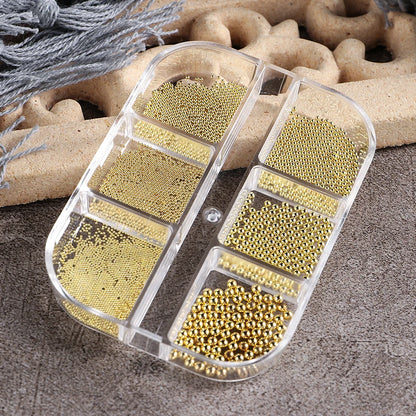 6 Grid Gold Mixed Size Stainless Steel Metal Bead Nail Art Decoration 3D Mini Small Caviar Ball Sliver Charm Pearl Manicure Beauty World Shop