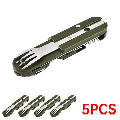 7 in 1 Camping Gear Portable Stainless Steel Spoon Fork Knife and Bottle Opener Combination Set Travel, Backpack Style Tableware Beauty World Shop