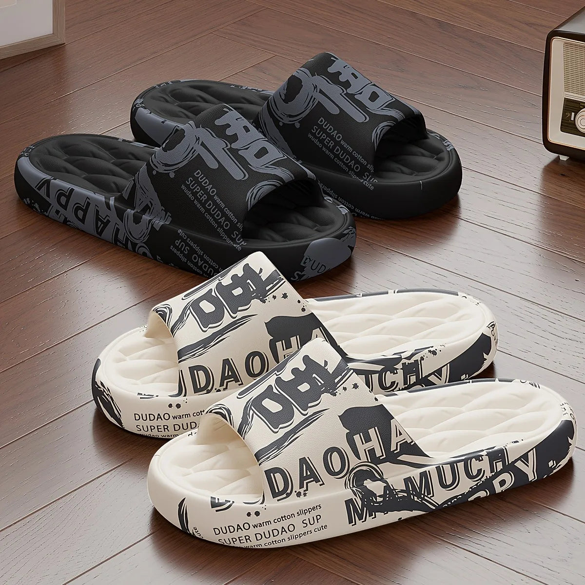Trendy EVA Graffiti Slides for Men and Women Soft Comfortable Black White Design Playful Patterns Casual Home Outdoor Wear Beauty World Shop