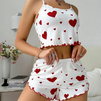 Women's Pajamas Set Sleepwear 2 PCS Short Tank Tops And Shorts S M L White Ventilate Soft Casual Love Printing Beauty World Shop