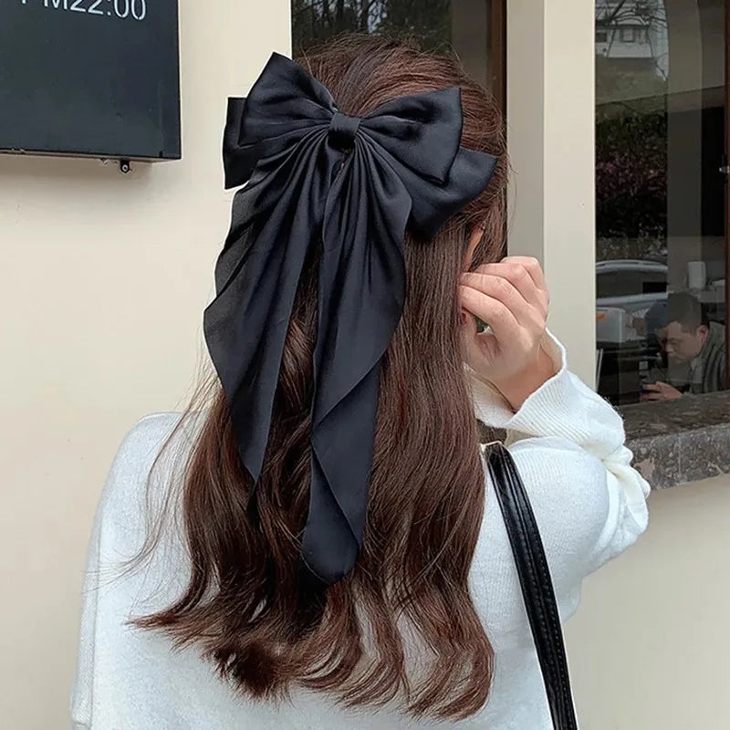Korean Accessories Hair Clips for Women Girls Big Bowknot Solid Satin Long Ribbon Bows Spring Clamp Barette Cheveux Femme 2023 Beauty World Shop