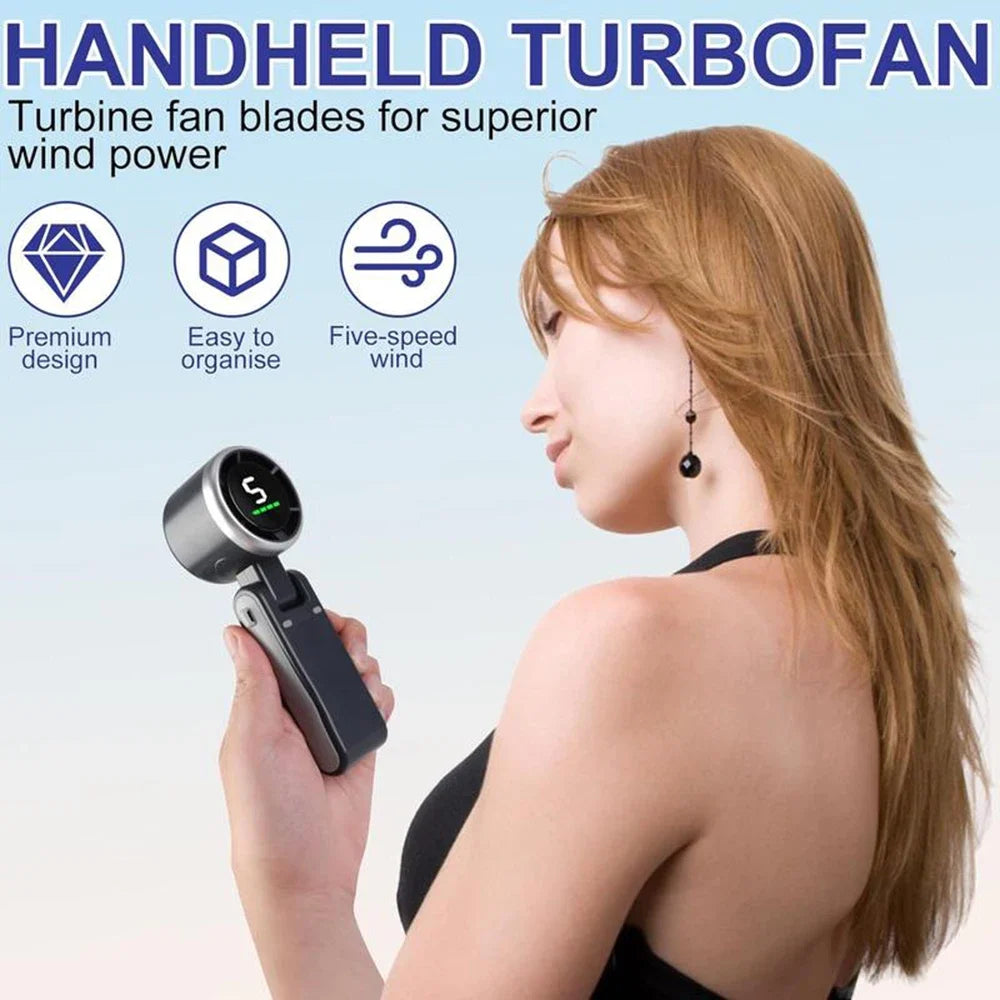 3-in-1 Portable Handheld Turbo Fan, 5-Speed High-Velocity Cooling, 3600mAh Battery, Digital Display, Foldable USB/Type-C Fan