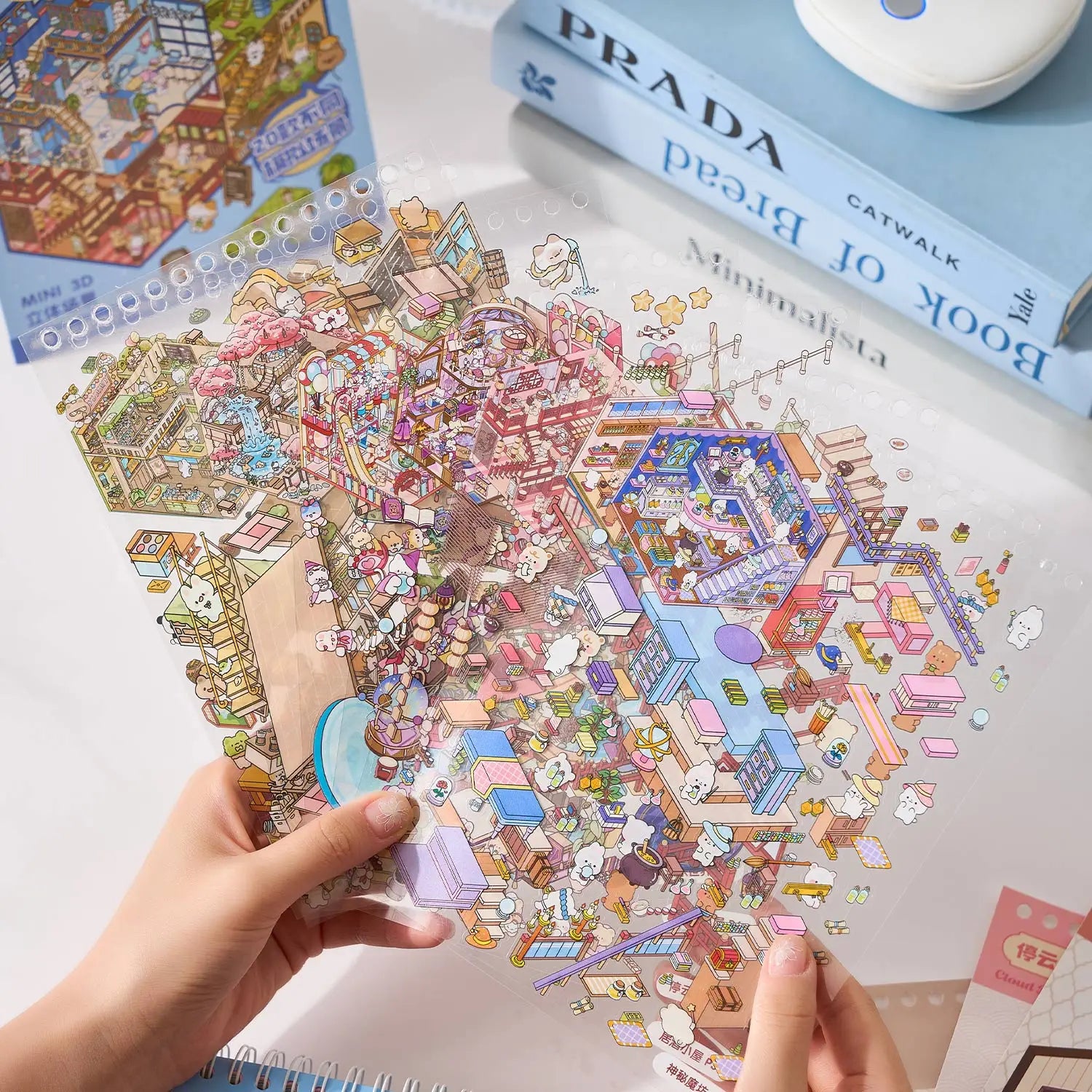 Mr Paper 49pcs/bag Business Town Series Mini 3D Miniature Scenography Sticker Book Visual Stacking Scene Stickers DIY Gift Decor Beauty World Shop