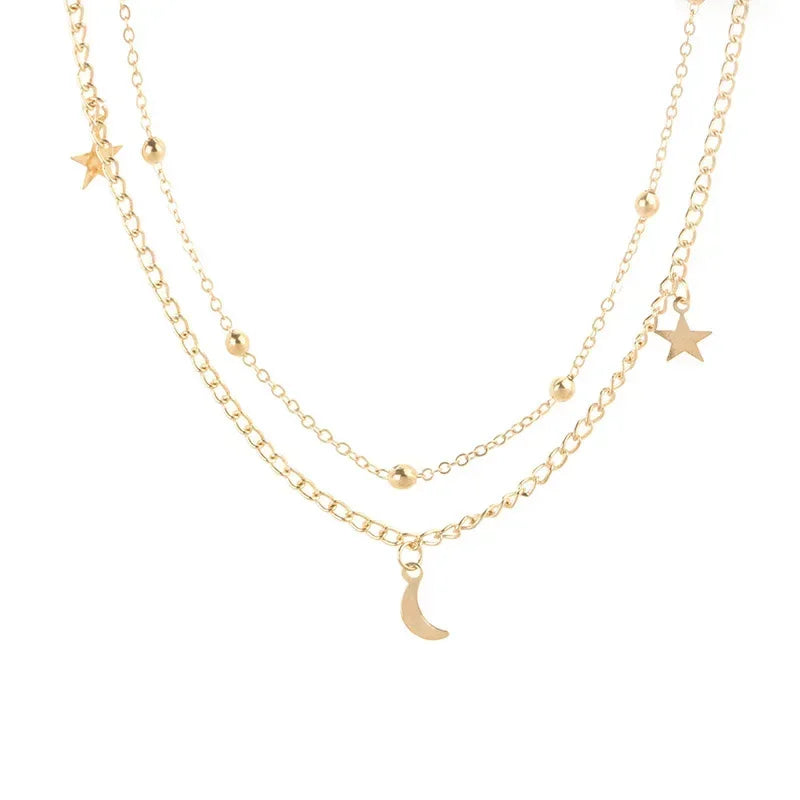2025 New Fashion 2 Layer Star Moon Clavicle Chain Choker Necklace For Women Girl Party Jewelry Birthday Gifts Beauty World Shop