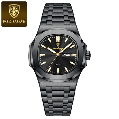 POEDAGAR Square Luxury Men's Wristwatch Luminous Waterproof Stainless Steel Male Clock Week Date Original Quartz Watches For Men Beauty World Shop