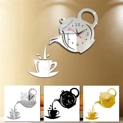 3D DIY Teapot Shape Wall Clock Acrylic Mirror Clock Modern Kitchen Home Decor Wall Sticker Hollow Digital Clock watch home clock Beauty World Shop