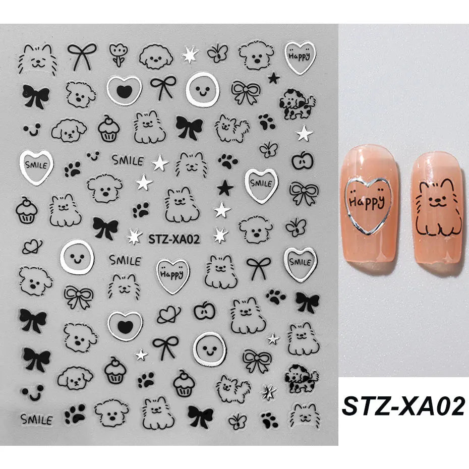 2pcs 3D Cute Silver Smile Dog Decals Y2K Cartoon Cat Footprint Nail Stickers Graffiti Star Heart Bowknot Manicure Slider Decor Beauty World Shop