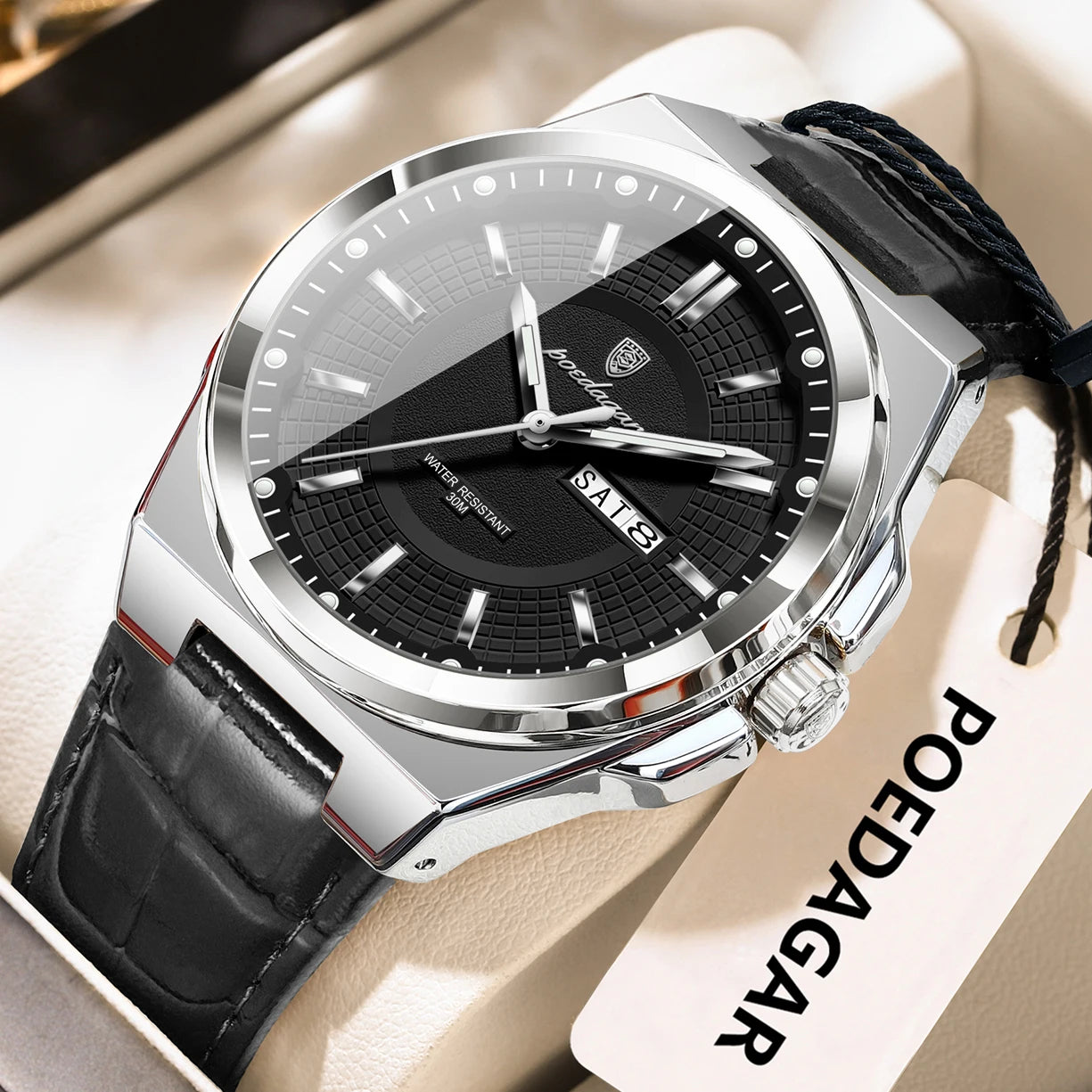 POEDAGAR Fashion Brand Man Wristwatch Waterproof Luminous Date Week Quartz Luxury Men's Watches Leather Business Men Watch Reloj Beauty World Shop