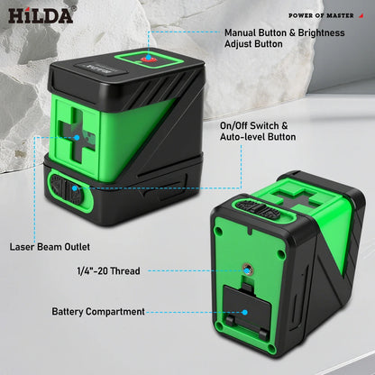 HILDA 2 Lines Laser Level Self Levelling Green Beams Laser Horizontal Vertical Cross Line Mini Laser Level Beauty World Shop