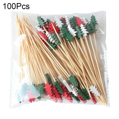 100Pcs Christmas Bamboo Skewer Cocktail Picks Cupcake Topper Disposable Food Dessert Toothpicks Fruit Sticks Party Supplies Beauty Trend Shop