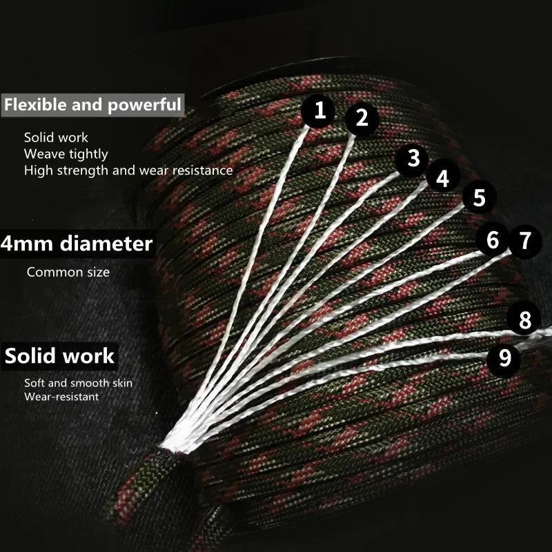 50m 650 Military Paracord 9 Strand 4mm Tactical Parachute Cord Camping Accessories DIY Weaving Rope Outdoor Survival Equipment Beauty World Shop