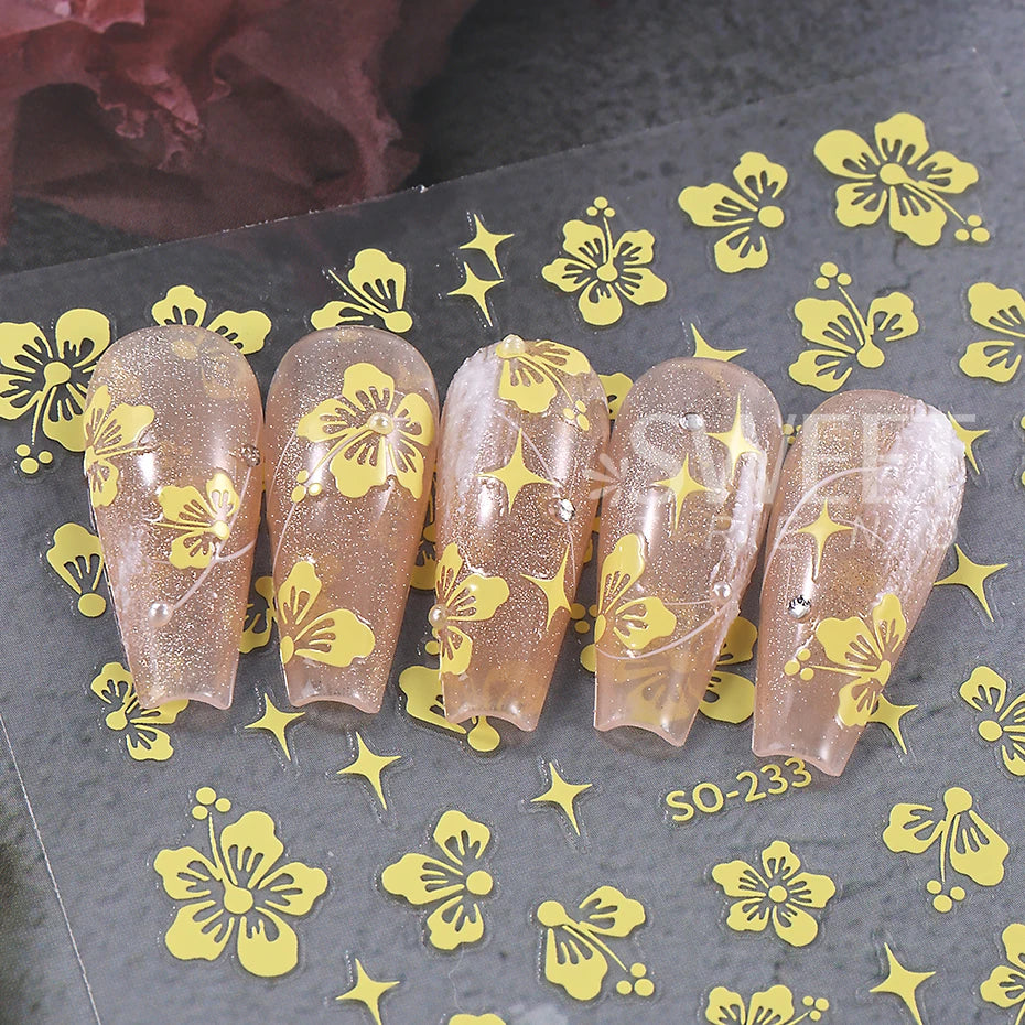 4pcs/set Hibiscus Flowers Nail Sticker Y2K Star Adhesive Nail Art Supplies Decal for Women Nail Supplies DIY Manicure Decoration Beauty World Shop