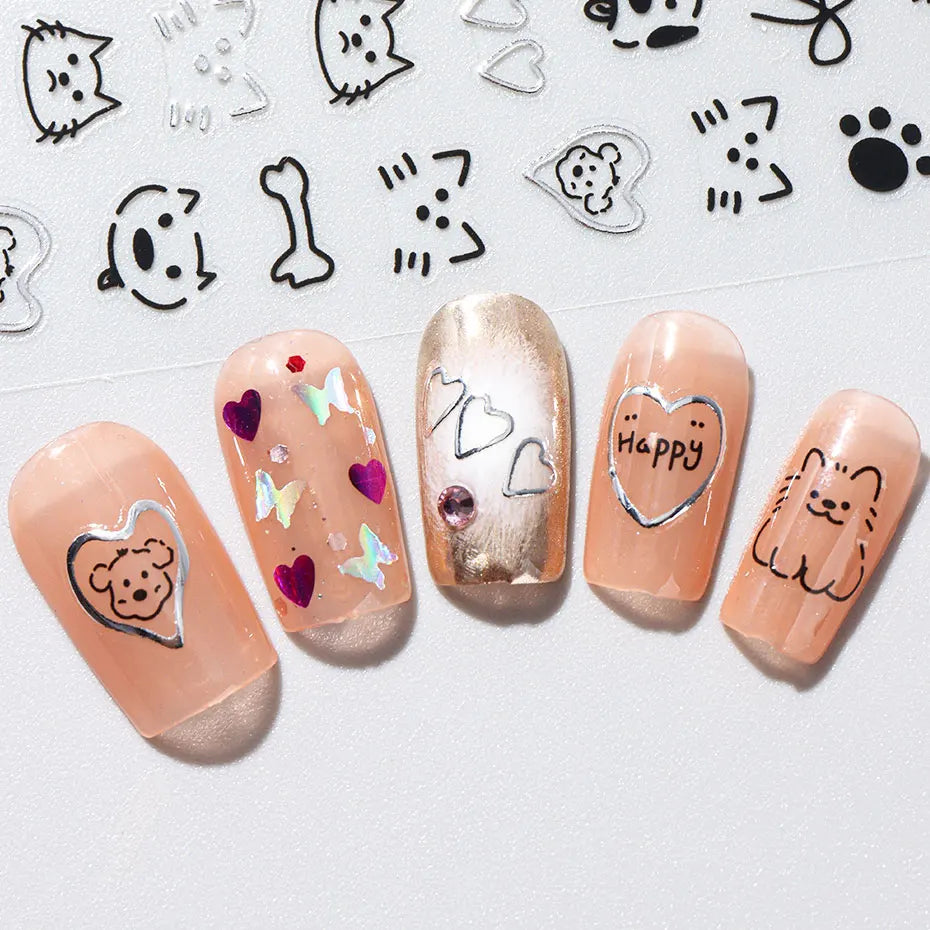 2pcs 3D Cute Silver Smile Dog Decals Y2K Cartoon Cat Footprint Nail Stickers Graffiti Star Heart Bowknot Manicure Slider Decor Beauty World Shop