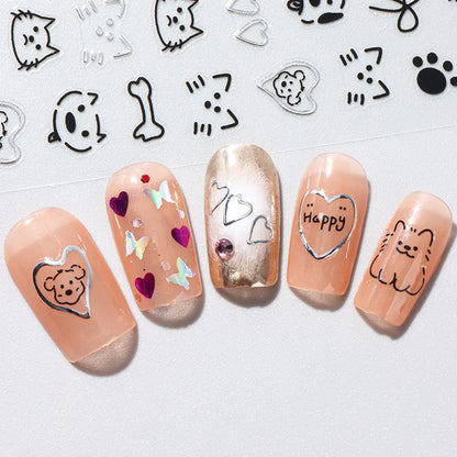 2pcs 3D Cute Silver Smile Dog Decals Y2K Cartoon Cat Footprint Nail Stickers Graffiti Star Heart Bowknot Manicure Slider Decor Beauty World Shop