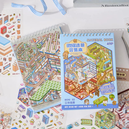 Mr Paper 49pcs/bag Business Town Series Mini 3D Miniature Scenography Sticker Book Visual Stacking Scene Stickers DIY Gift Decor Beauty World Shop