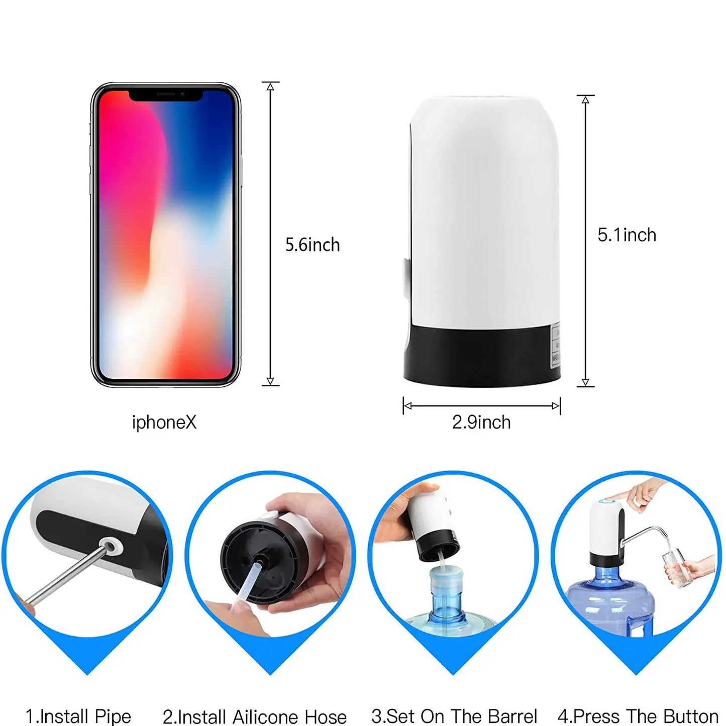 1pcWhite/Black Water Bottle Pump USB Charging Auto Switch Drinking Dispenser Charging One Click Auto Switch Drink Pump Dispenser Beauty World Shop