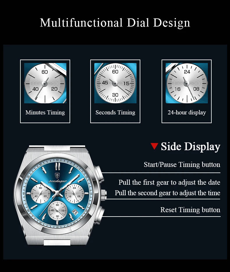 POEDAGAR Fashion Man Watches Chronograph Date Stainless Steel Casual Men Wristwatch Waterproof Luminous Men's Quartz Watch Reloj Beauty World Shop